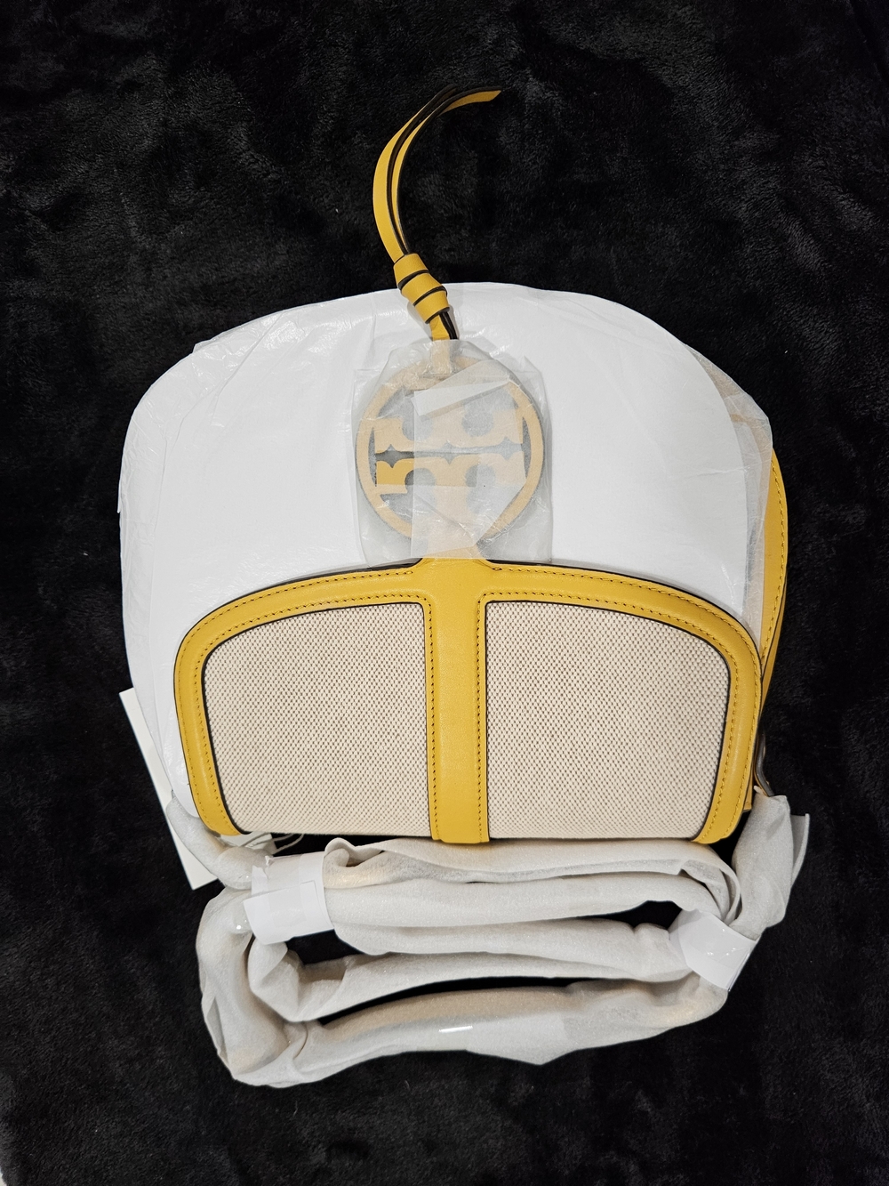 Tory Burch Yellow Canvas & Leather Trim Crossbody with Logo Charm